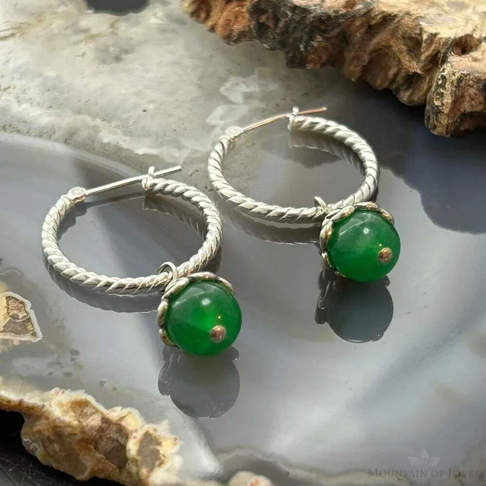 Carolyn Pollack Sterling Twisted Hoop w/Green Jadeite Dangle Earrings For Women